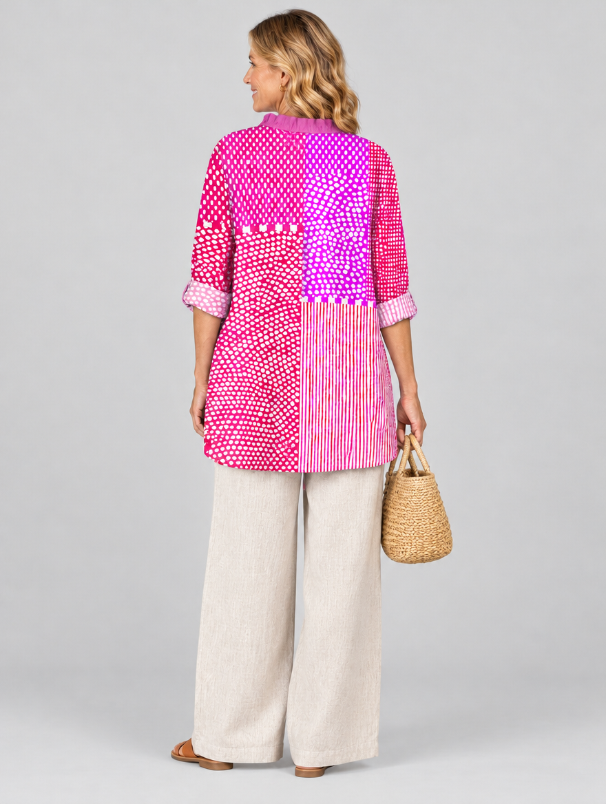 Fiona relaxed summer tunic in pink patchwork print, back view