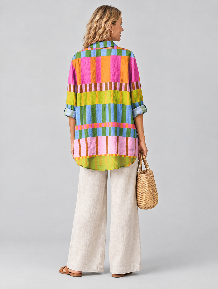 Susan relaxed summer tunic in orange block stripe print, back view
