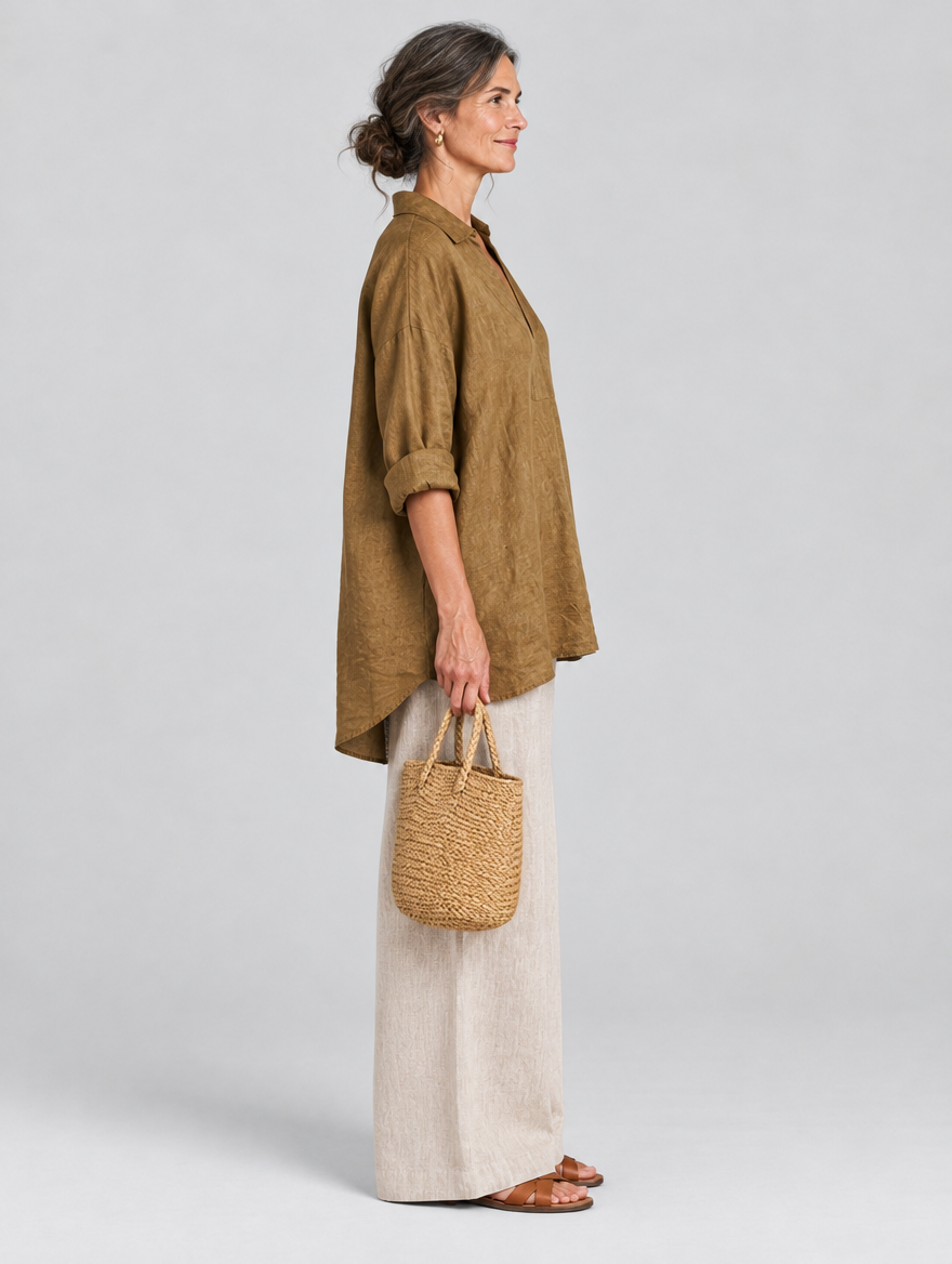 Makenna relaxed linen tunic in khaki, side view showing the relaxed fit