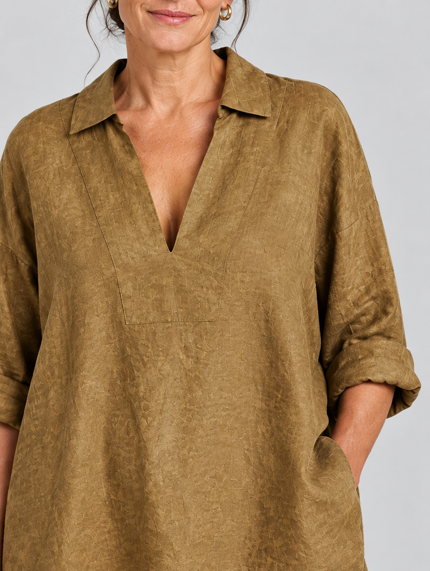 Makenna relaxed linen tunic in khaki, close up of fabric and neckline