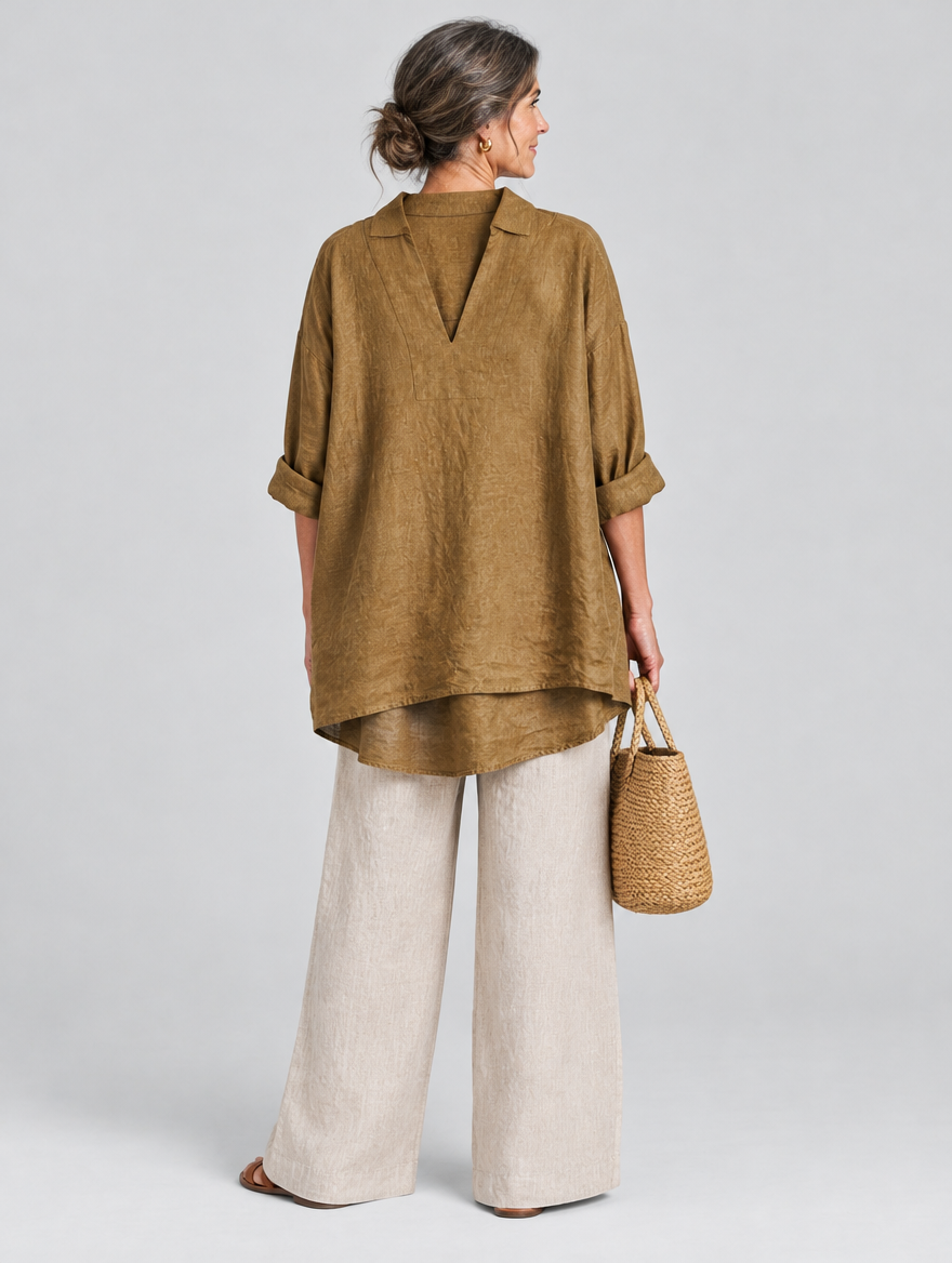 Makenna relaxed linen tunic in khaki, back view