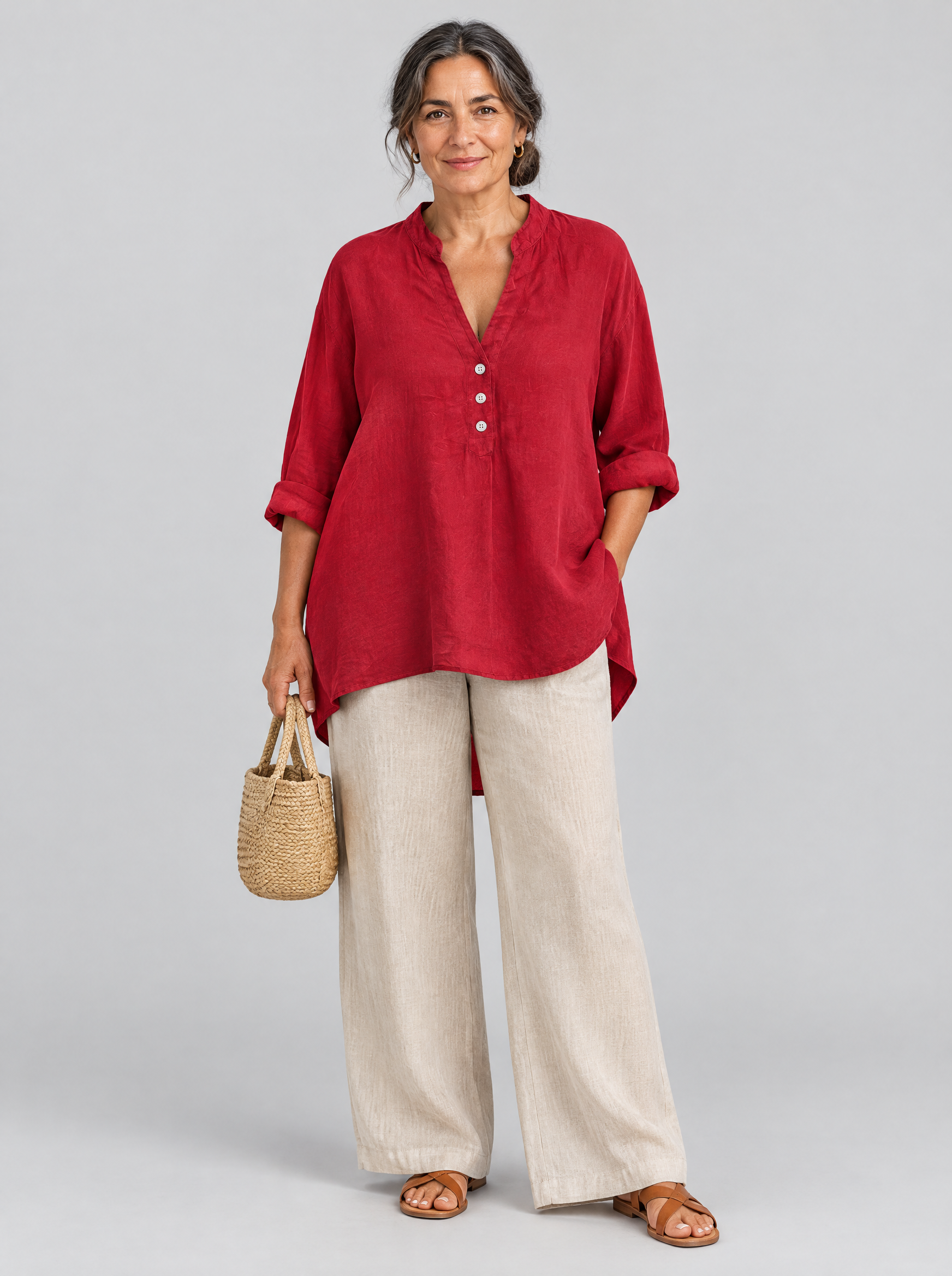 Kathy relaxed linen tunic in cherry red with split stand collar and three button V neck, front view