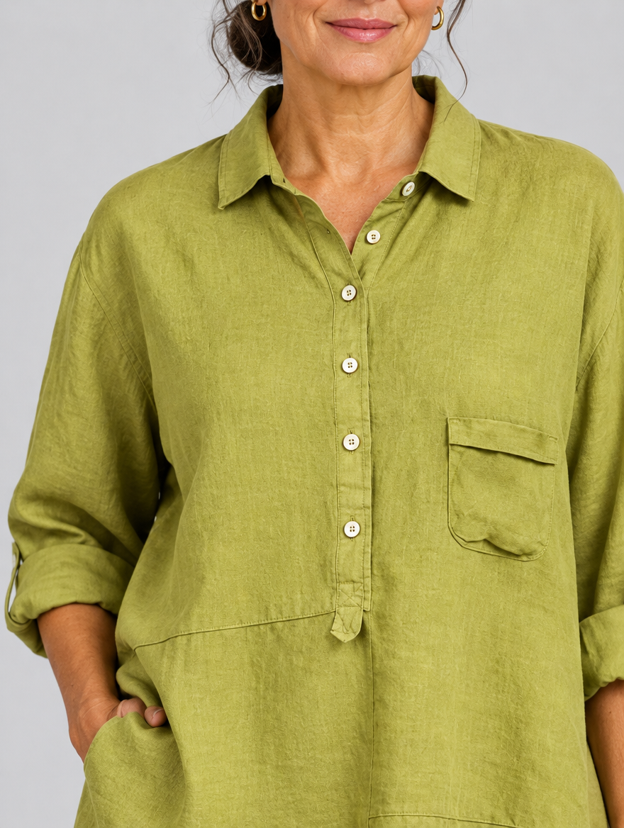 Denise relaxed linen tunic in olive yellow, close up of collar, buttons and chest pocket