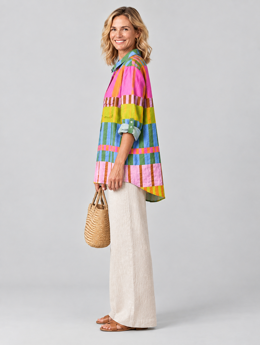 Susan relaxed summer tunic, side view showing the relaxed fit