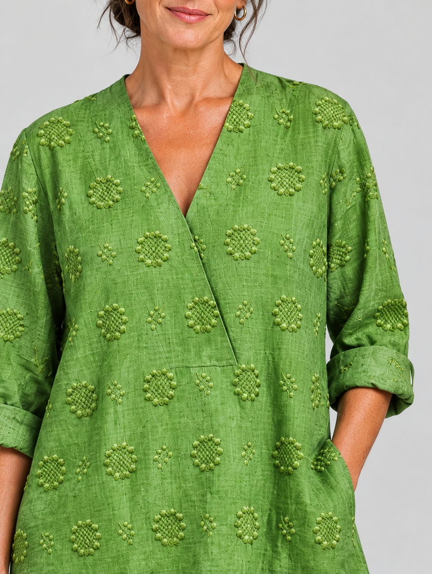Deborah relaxed tunic in apple green, close up of textured flower pattern and neckline