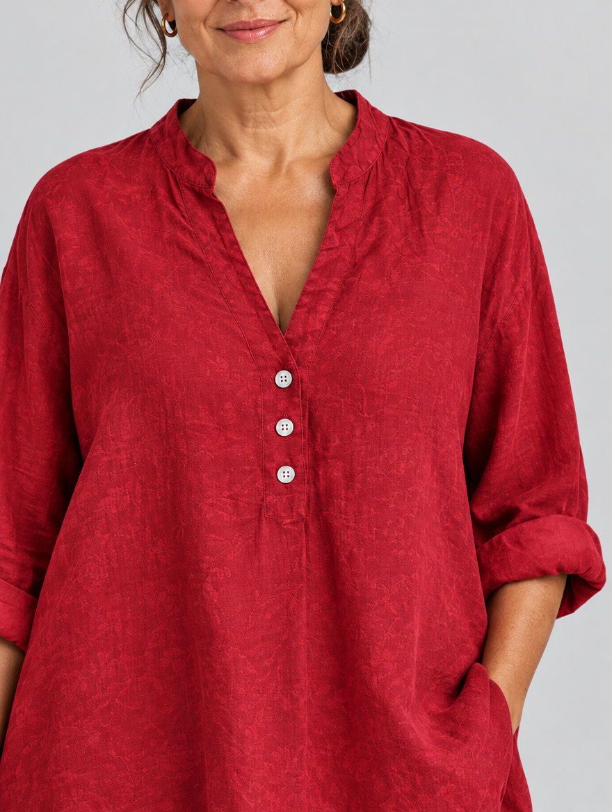 Kathy relaxed linen tunic in red, close up of collar, buttons and fabric