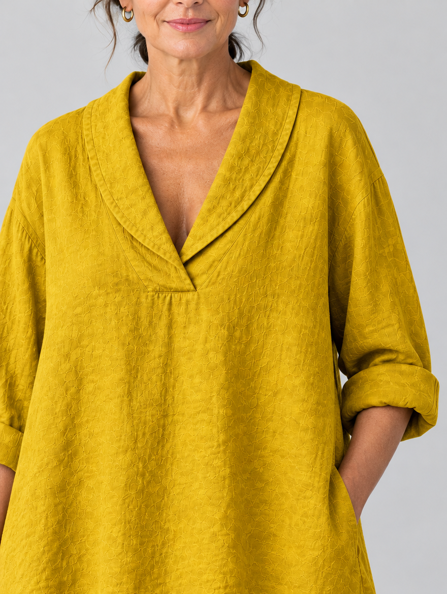 Lilah relaxed tunic in mustard yellow, close up of shawl collar and textured weave