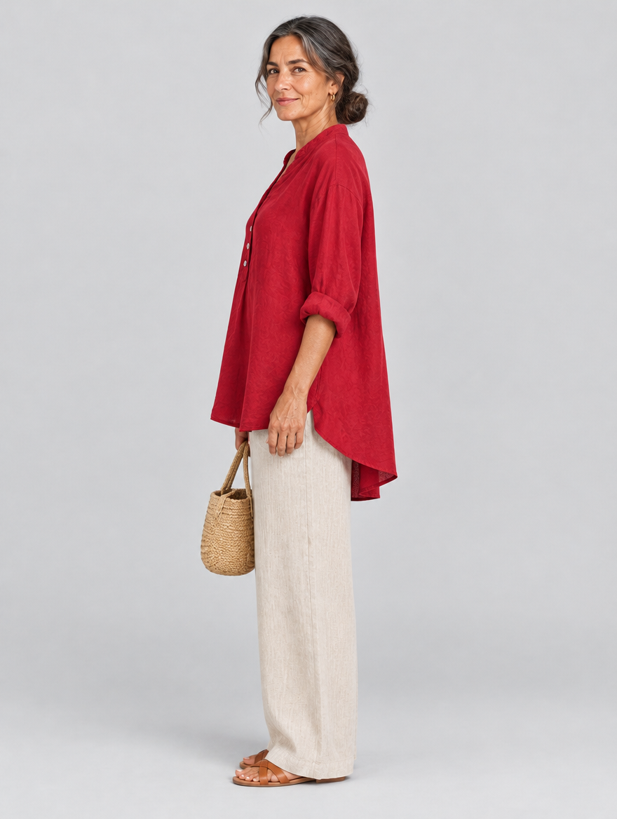Kathy relaxed linen tunic in red, side view showing the relaxed fit