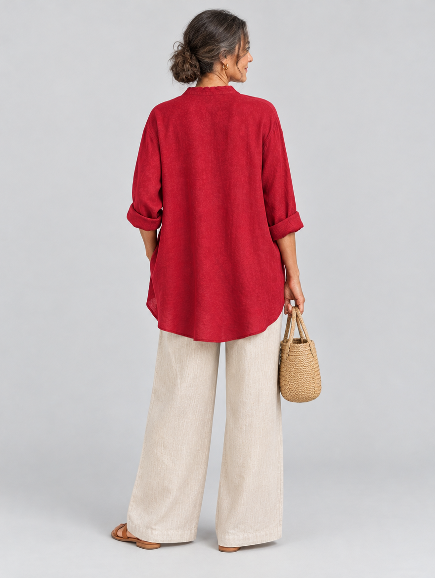 Kathy relaxed linen tunic in red, back view