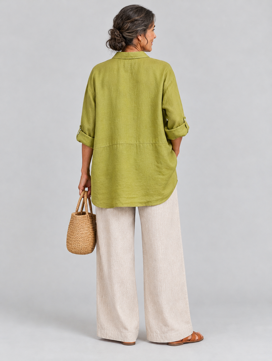 Denise relaxed linen tunic in olive yellow, back view