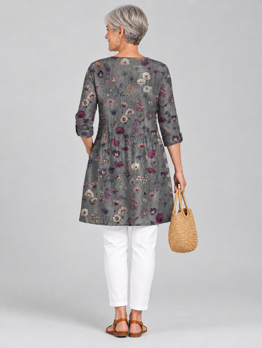 Addison long blouse in charcoal wildflower print, back view