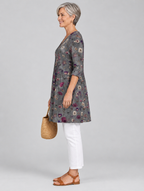 Addison long blouse in charcoal wildflower print, side view showing the relaxed fit