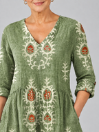 Everly long blouse in sage green botanical print, close up of print and neckline