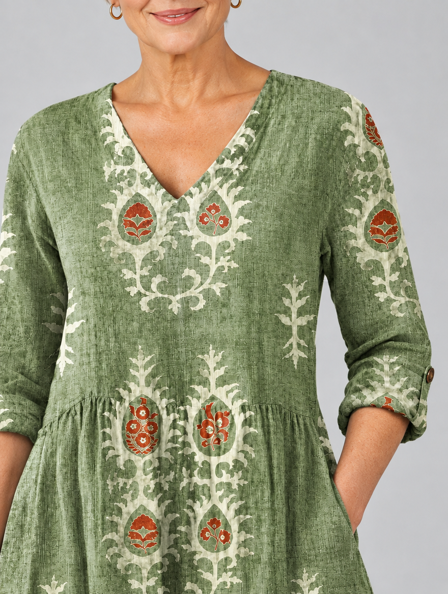 Everly long blouse in sage green botanical print, close up of print and neckline