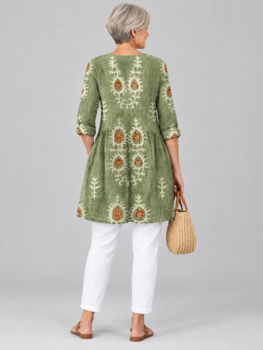 Everly long blouse in sage green botanical print, back view