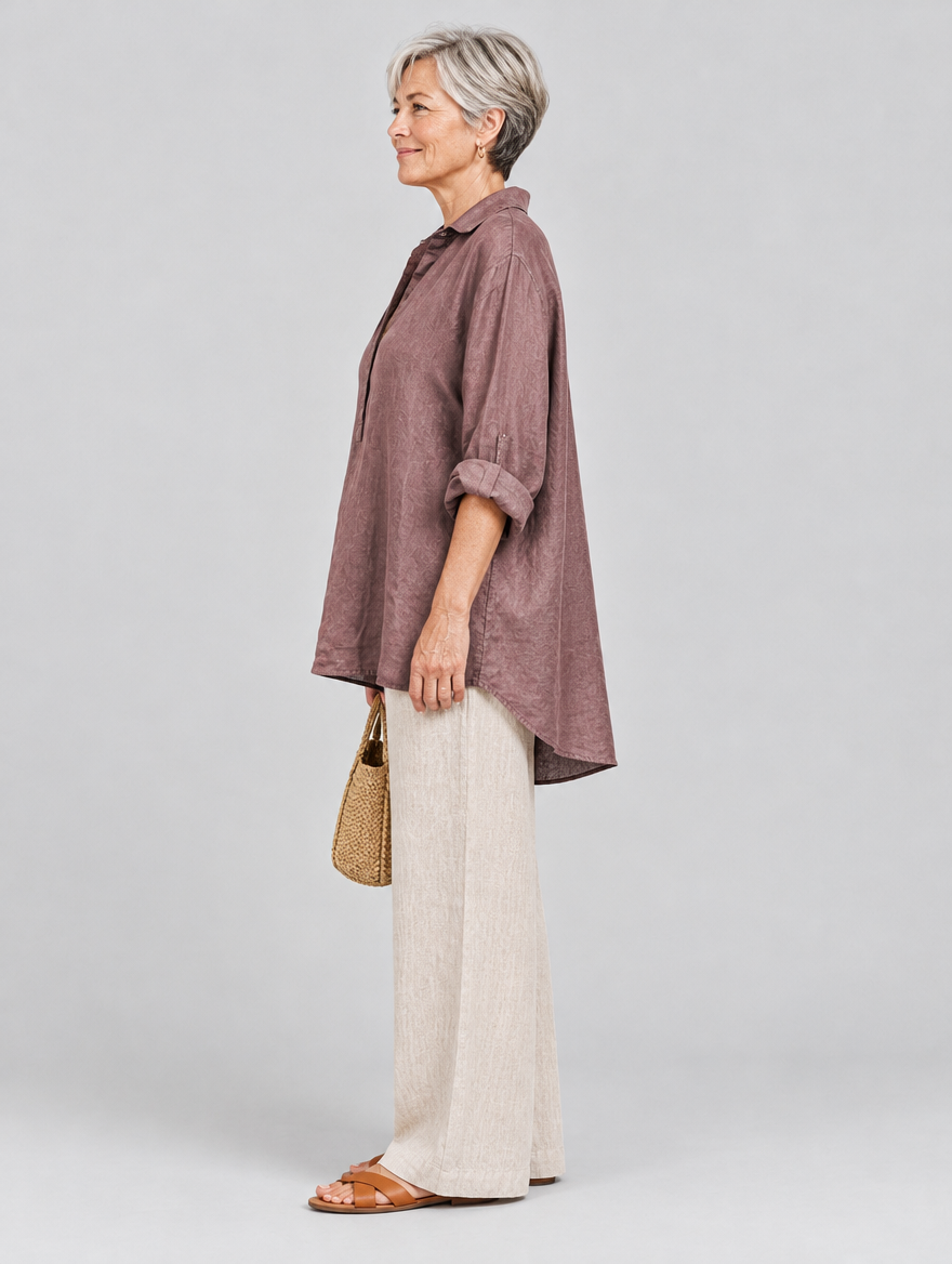 Beverly relaxed tunic in rose grey, side view showing the relaxed fit