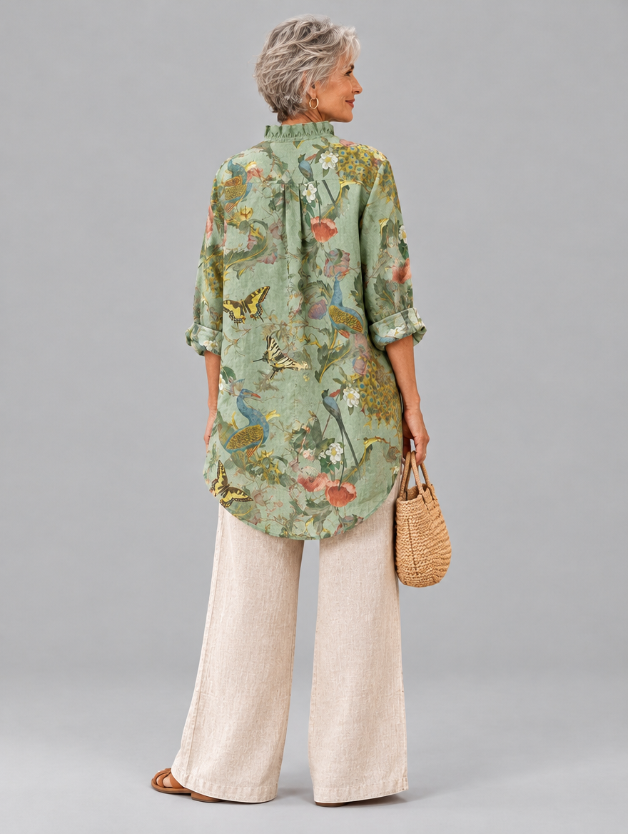Patricia relaxed tunic in sage peacock and poppy print, back view