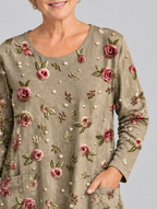 Sophia rose print tunic in coffee, close up of print and scoop neckline