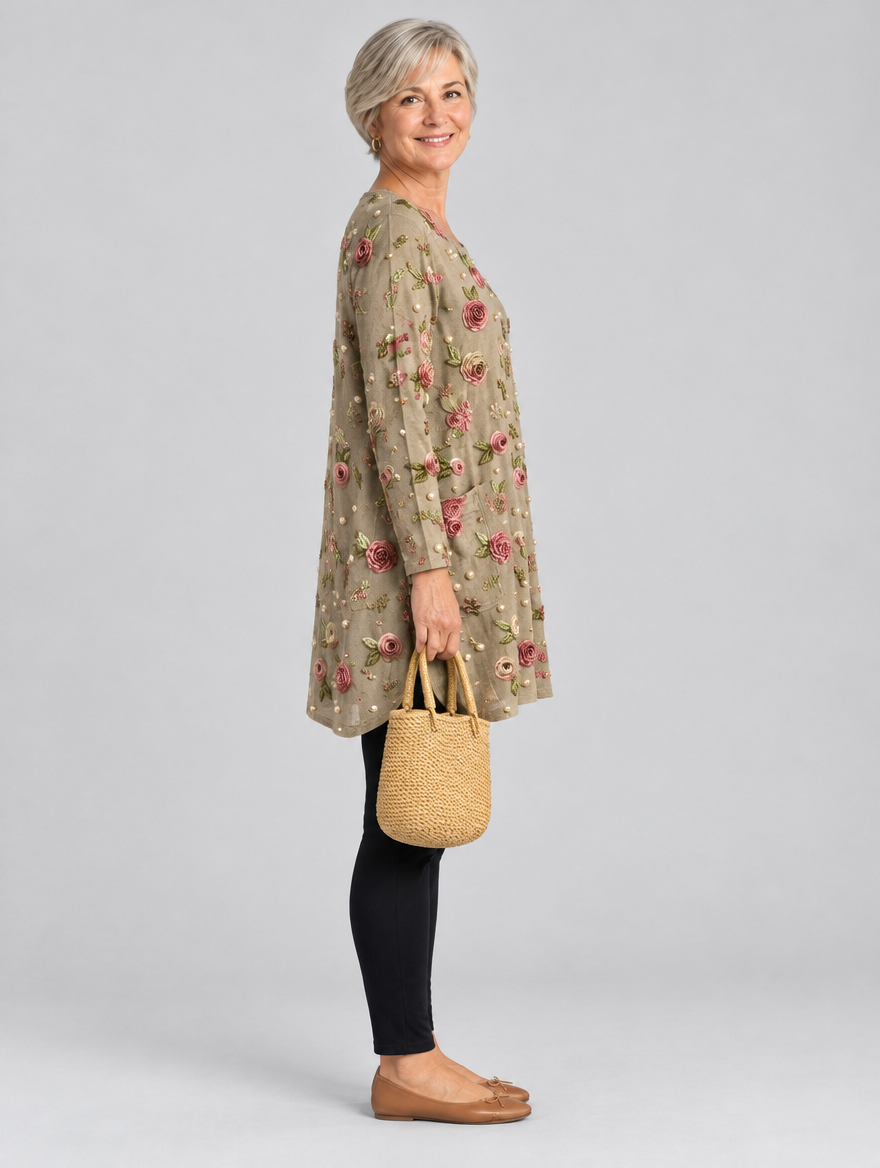 Sophia rose print tunic in coffee, side view showing the relaxed fit