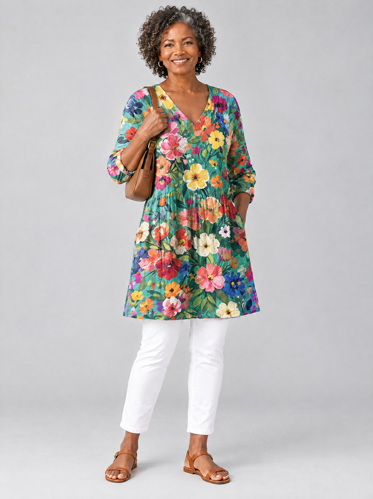 Angel long blouse in teal wildflower print, front view