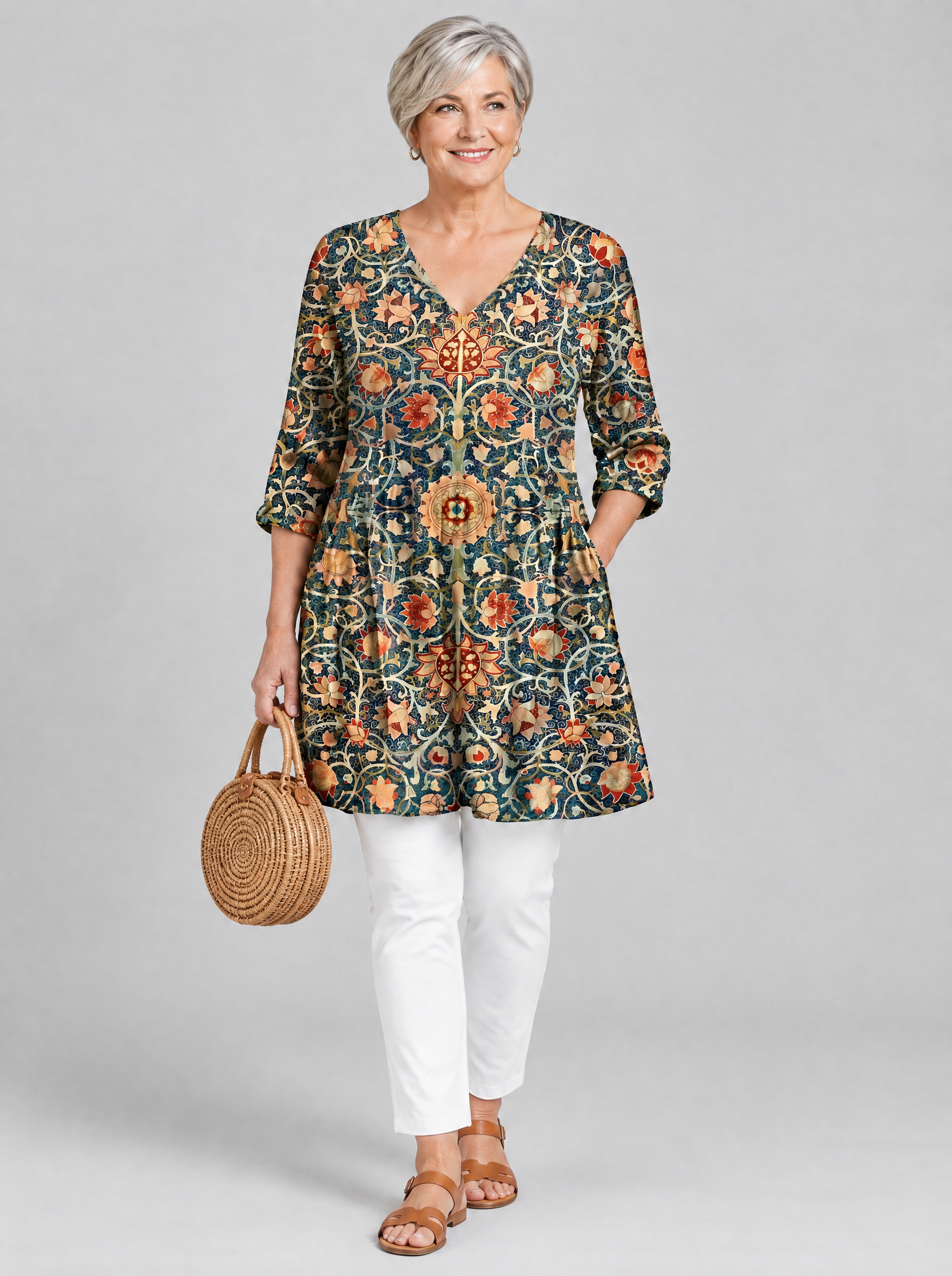 Lilian long blouse in navy heritage floral print, front view