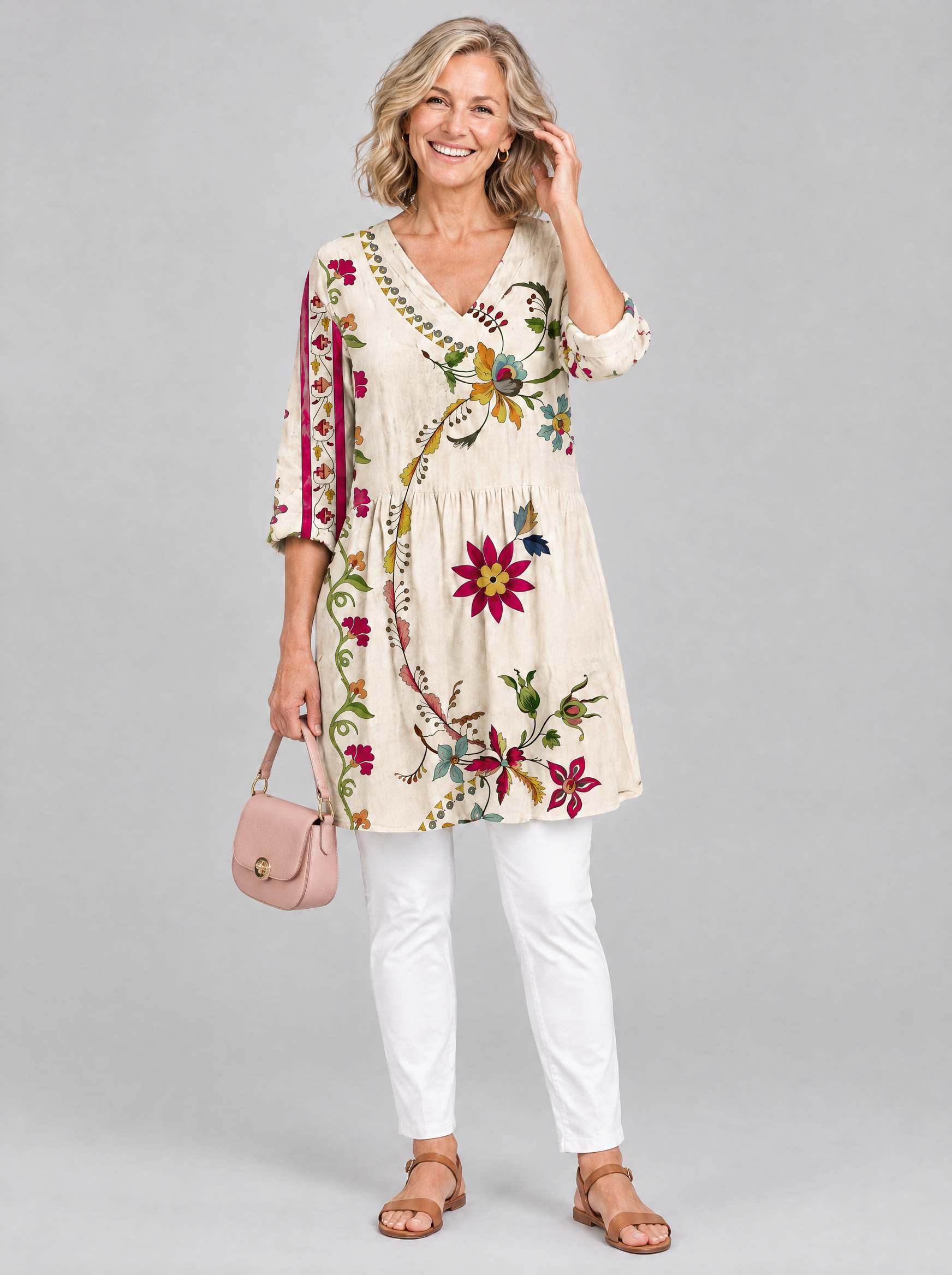 Lottie long blouse in beige folk floral print, front view