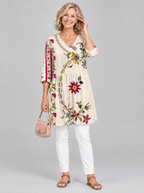 Lottie long blouse in beige folk floral print, front view