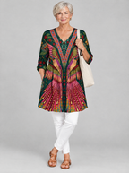 Jayla long blouse in forest green phoenix feather print, front view