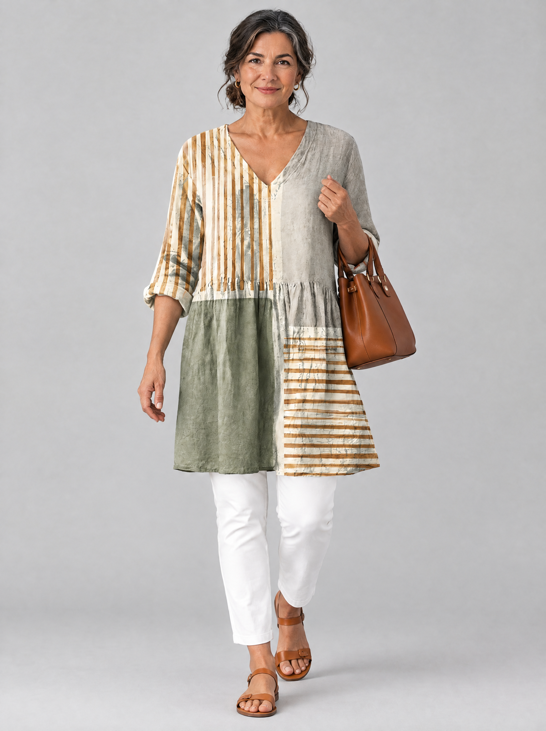 Natalie long blouse in earthy patchwork colour block print, front view