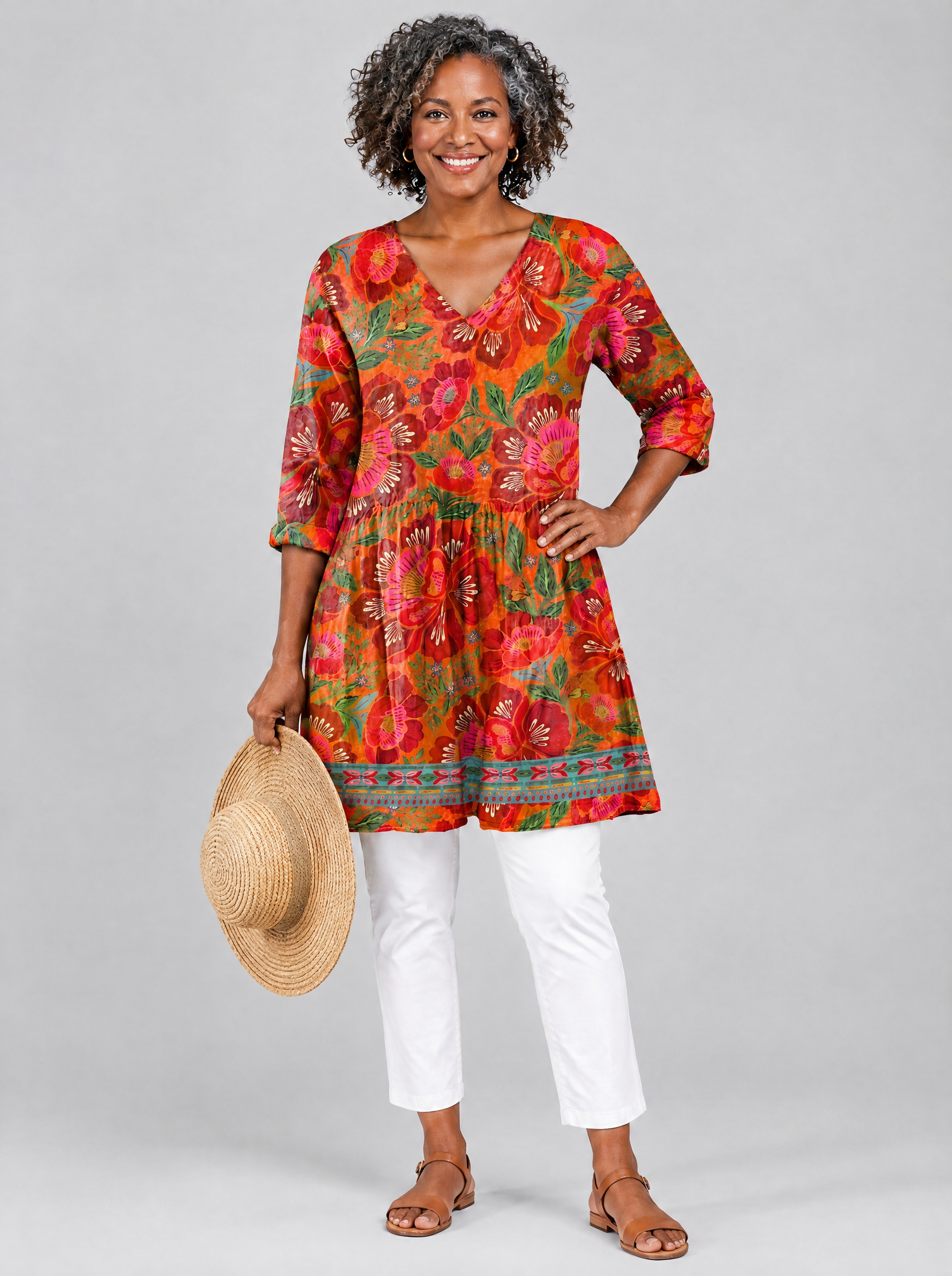 Priscilla long blouse in tangerine and red floral print, front view