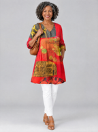 Maria long blouse in tomato red art collage print, front view