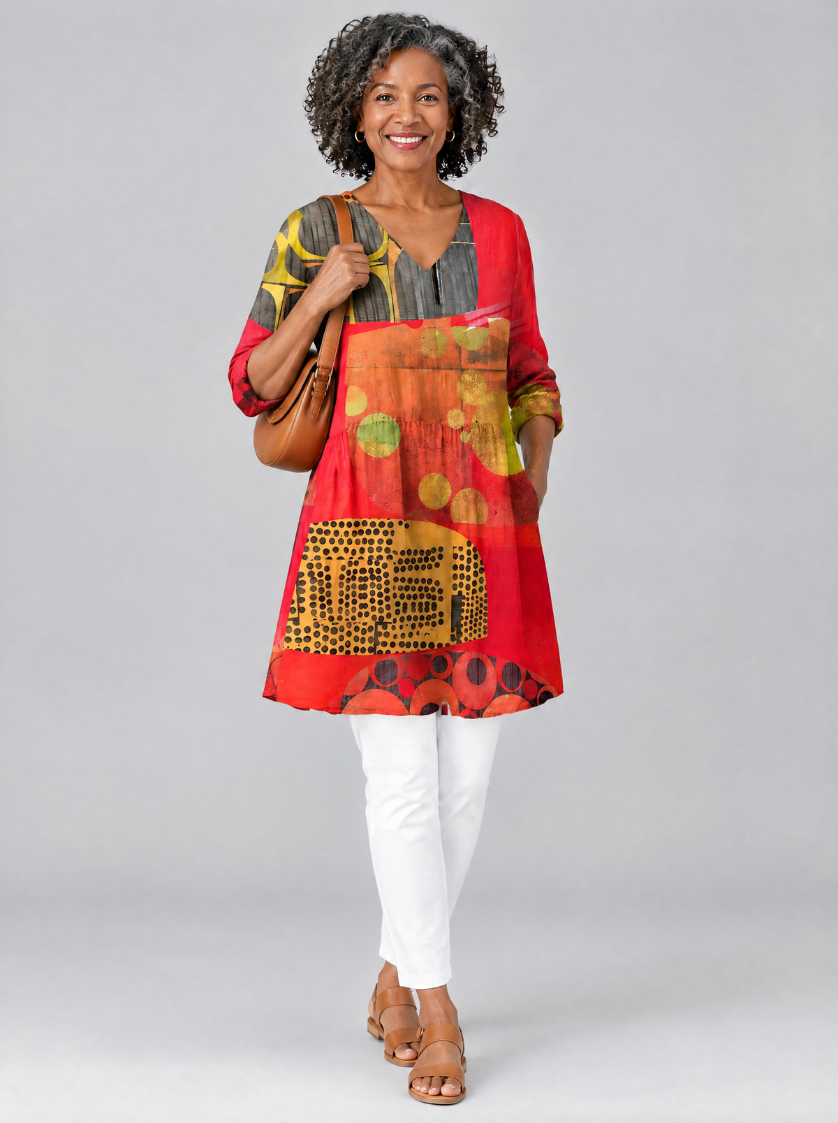 Maria long blouse in tomato red art collage print, front view