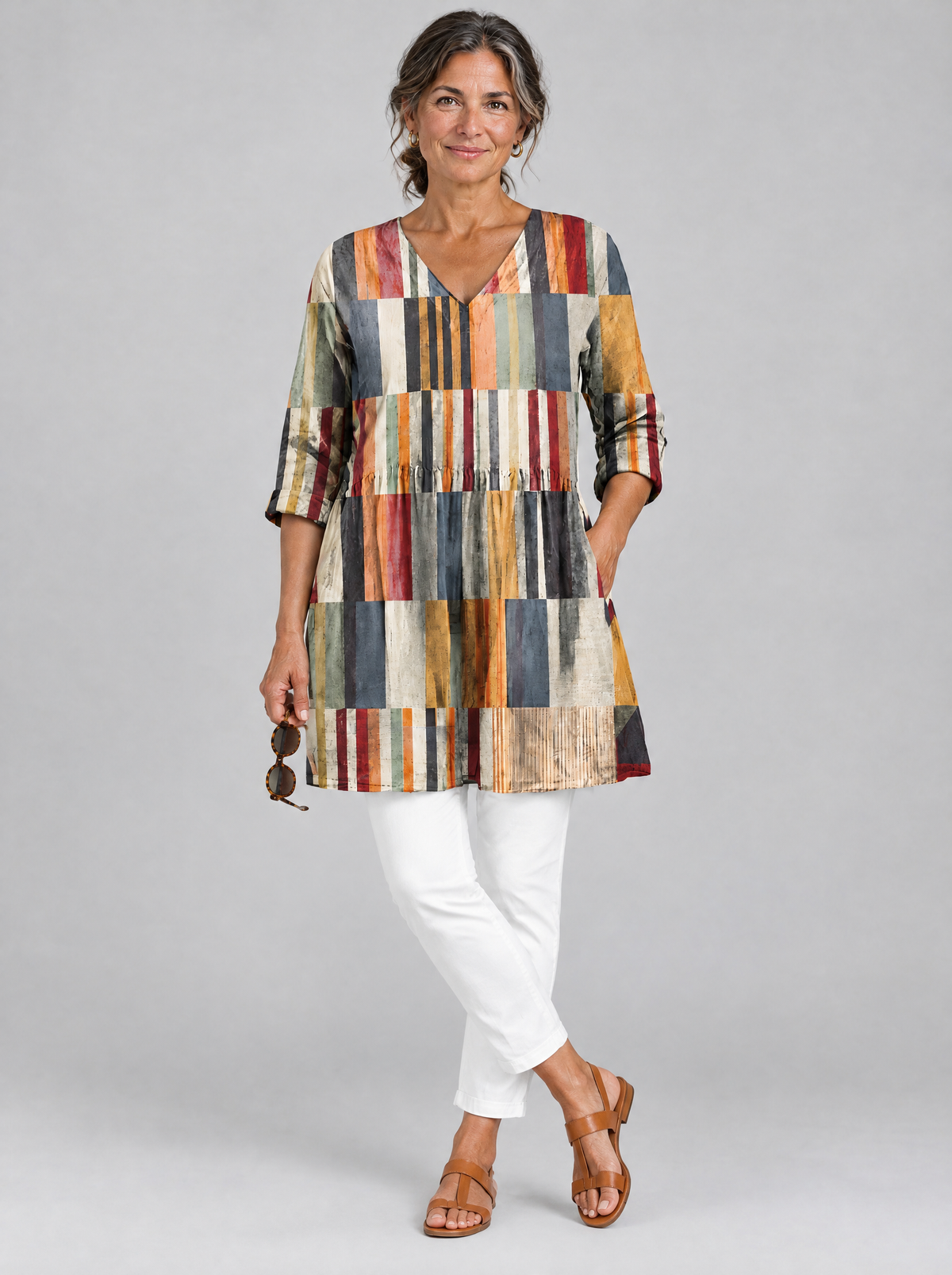 Lydia long blouse in multicolour block stripe print, front view