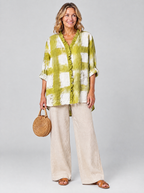 Sandra relaxed summer tunic in chartreuse and white painted check, front view