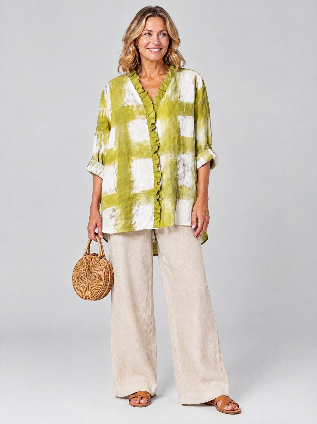 Sandra relaxed summer tunic in chartreuse and white painted check, front view