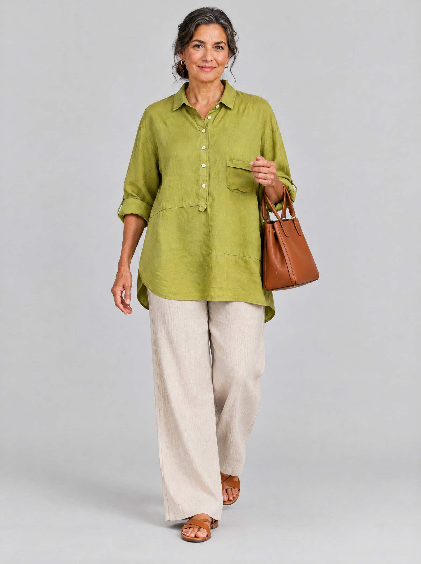 Denise relaxed linen tunic in olive yellow with shirt collar and button placket, front view