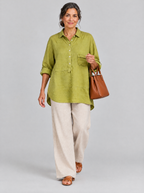 Denise relaxed linen tunic in olive yellow with shirt collar and button placket, front view