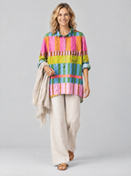 Susan relaxed summer tunic in orange and pink block stripe print, front view