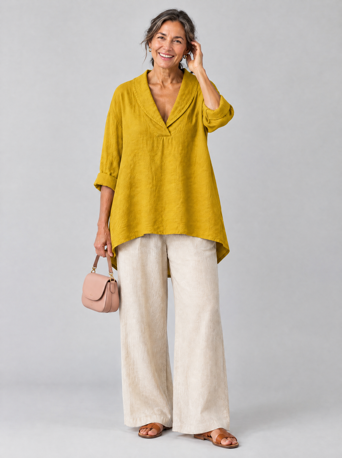 Lilah relaxed tunic in mustard yellow with shawl collar V neck, front view