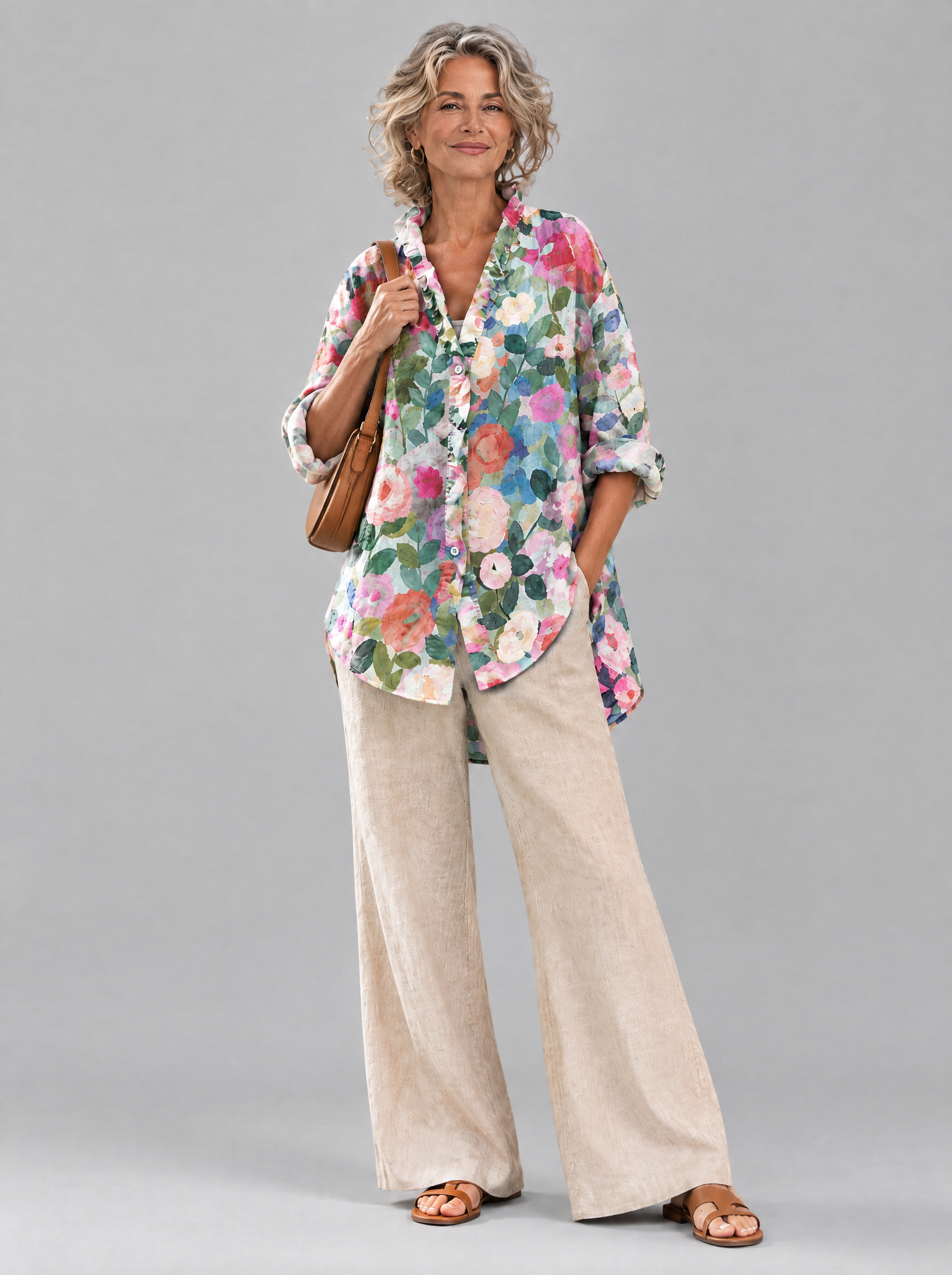Londyn relaxed tunic in painterly camellia and rose print, front view