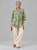 Patricia relaxed tunic in sage peacock and poppy print, front view