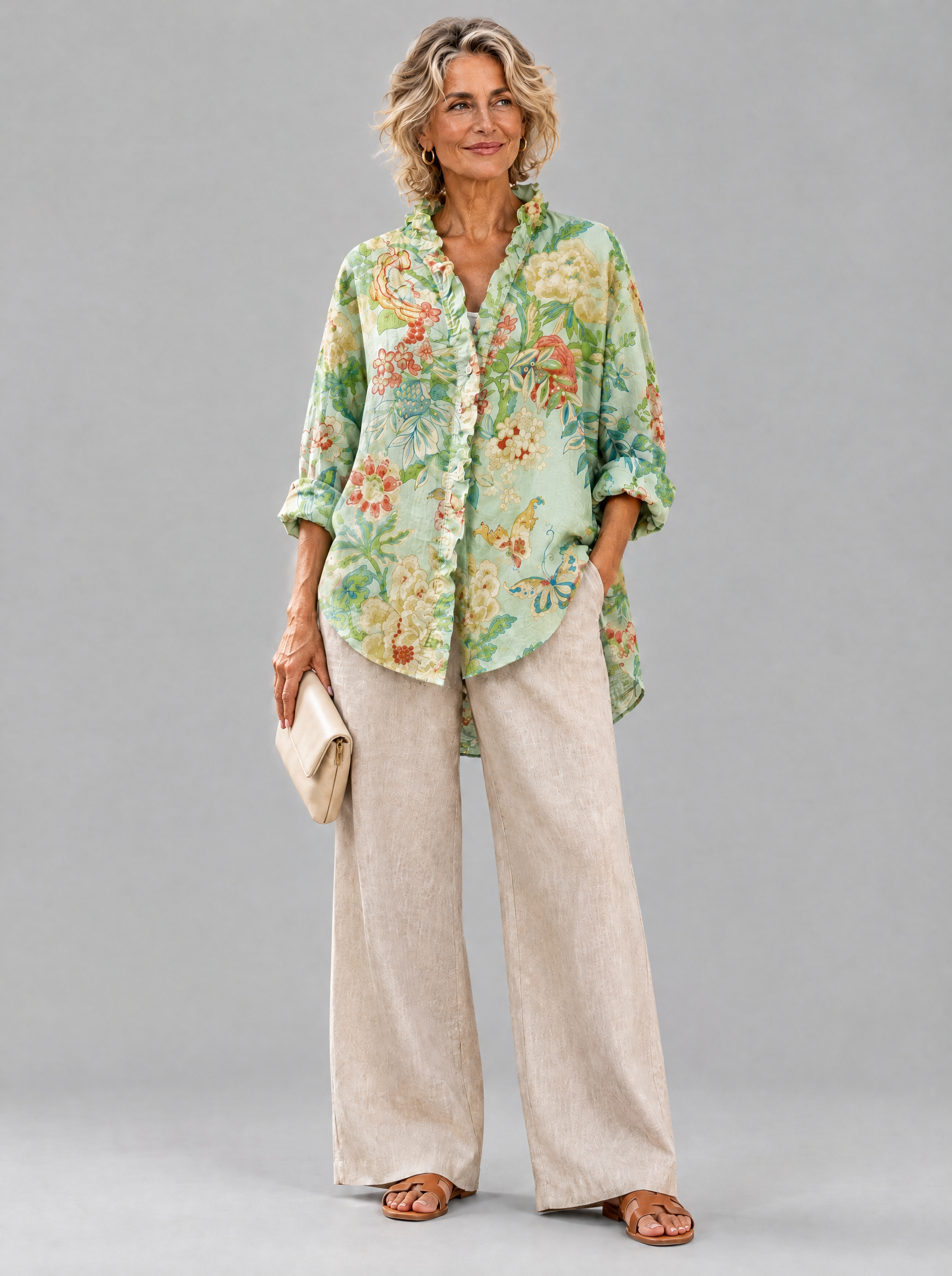 Katalina relaxed tunic in mint chinoiserie peony print, front view