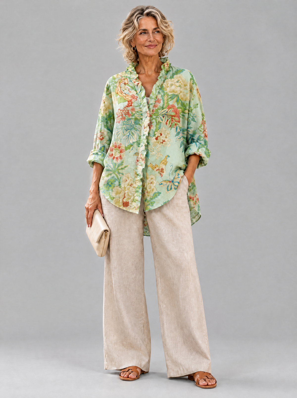 Katalina relaxed tunic in mint chinoiserie peony print, front view