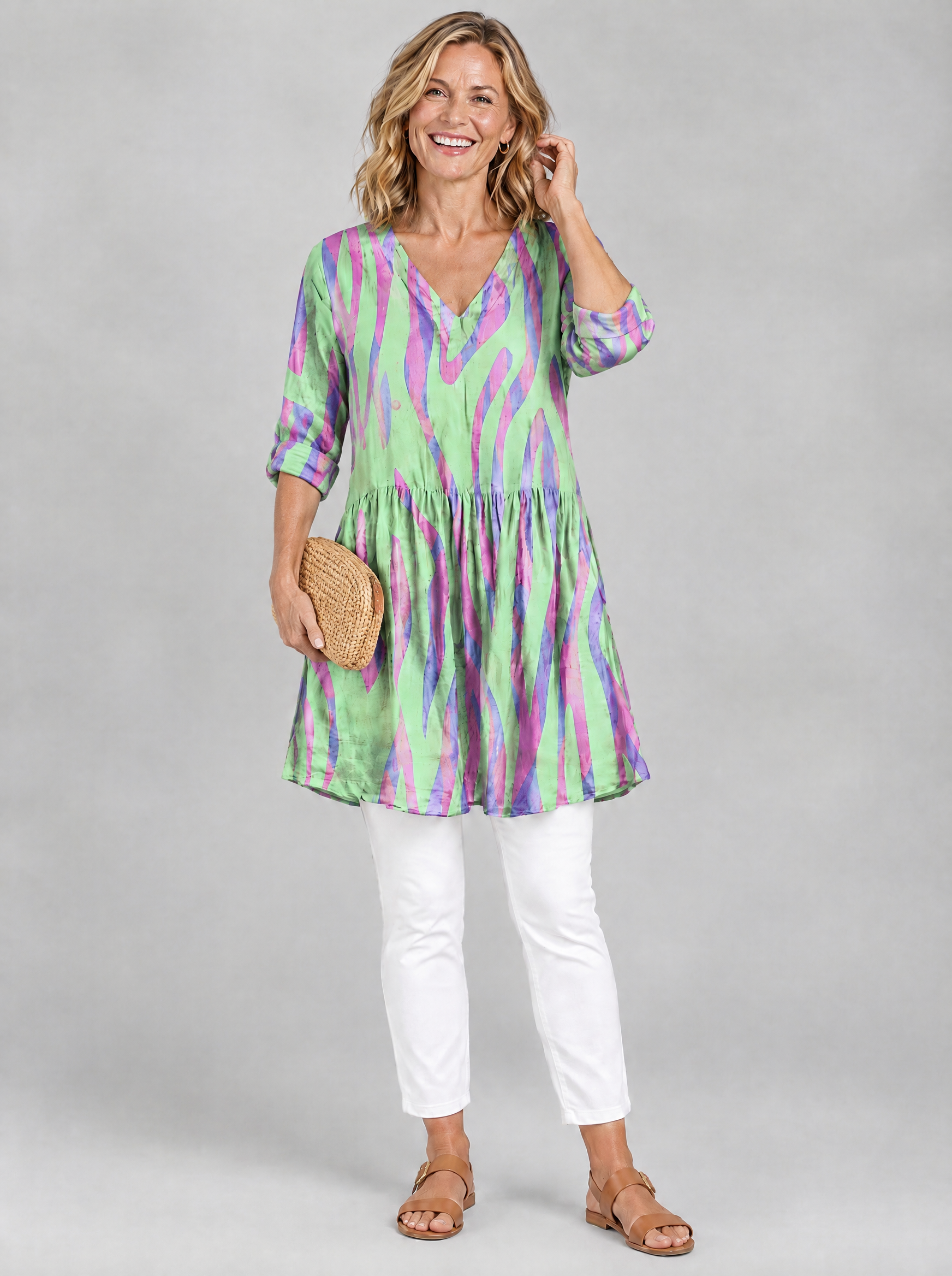 Lyla long blouse in lime green wave print, front view