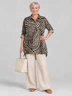 Sharon relaxed tunic in sand and black swirl print, front view