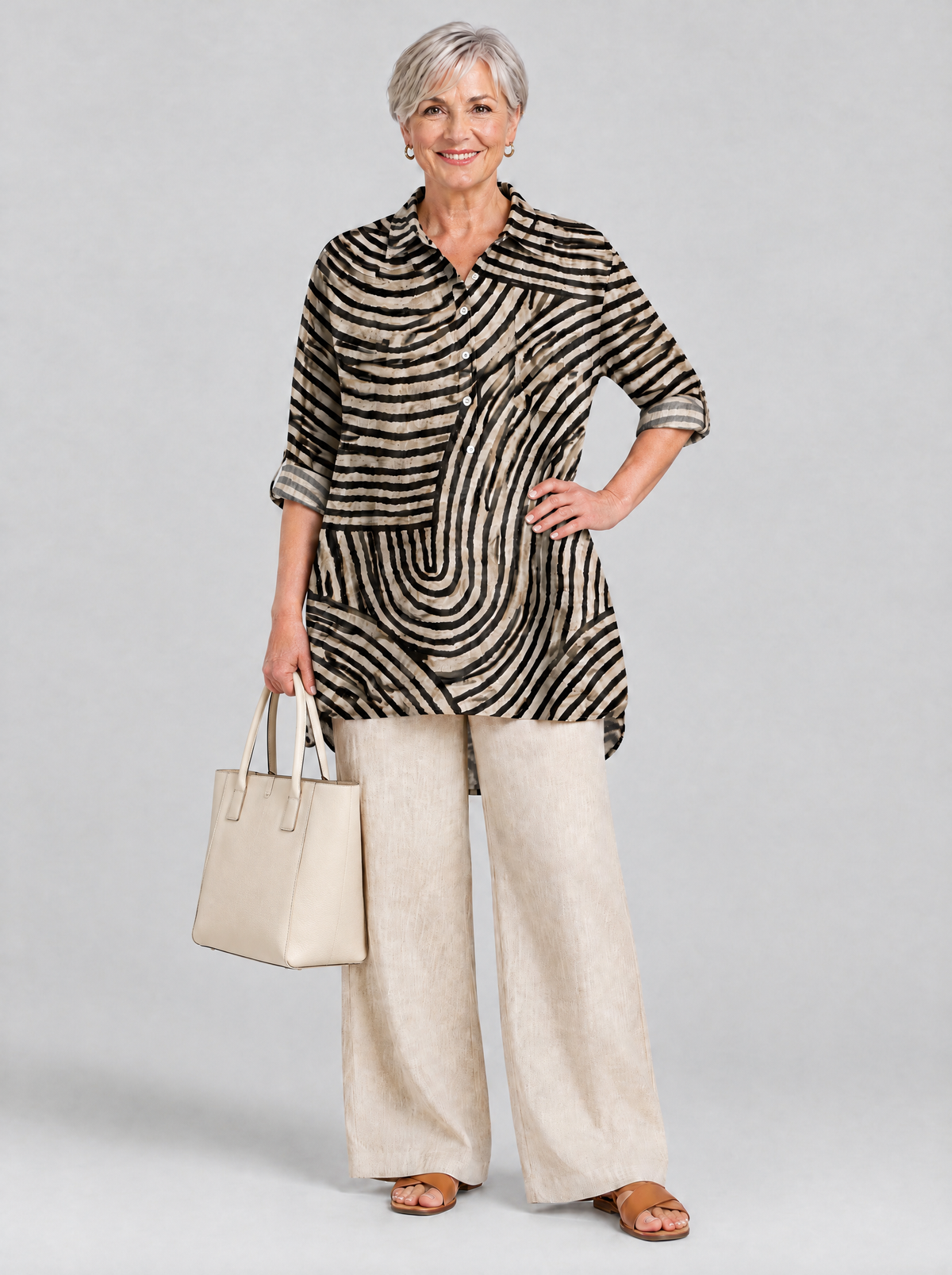 Sharon relaxed tunic in sand and black swirl print, front view