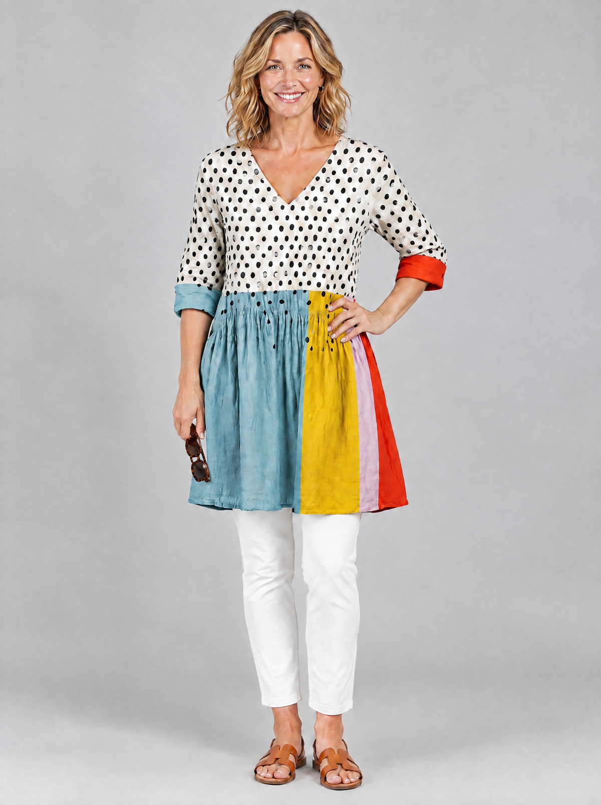 Jacqueline long blouse in polka dot colour block, front view