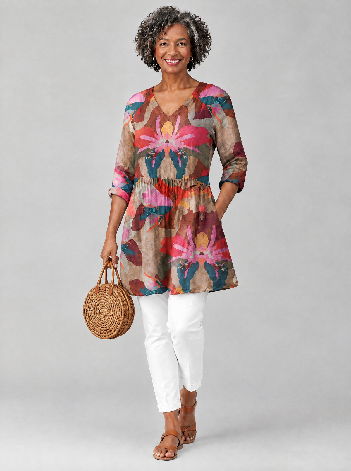 Cassidy long blouse in mocha orchid print, front view