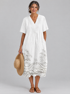 Harper white linen midi dress with eyelet embroidery, front view