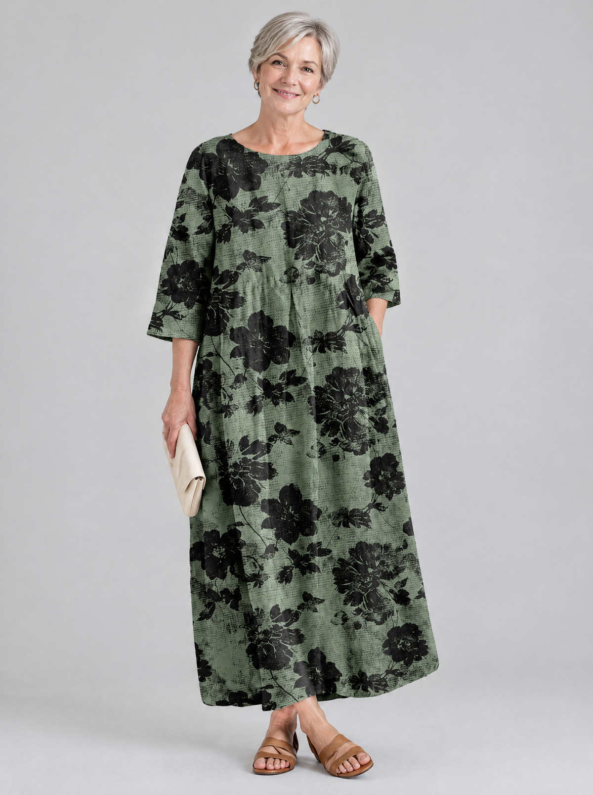 Scarlett printed maxi dress in sage green with black floral print, front view